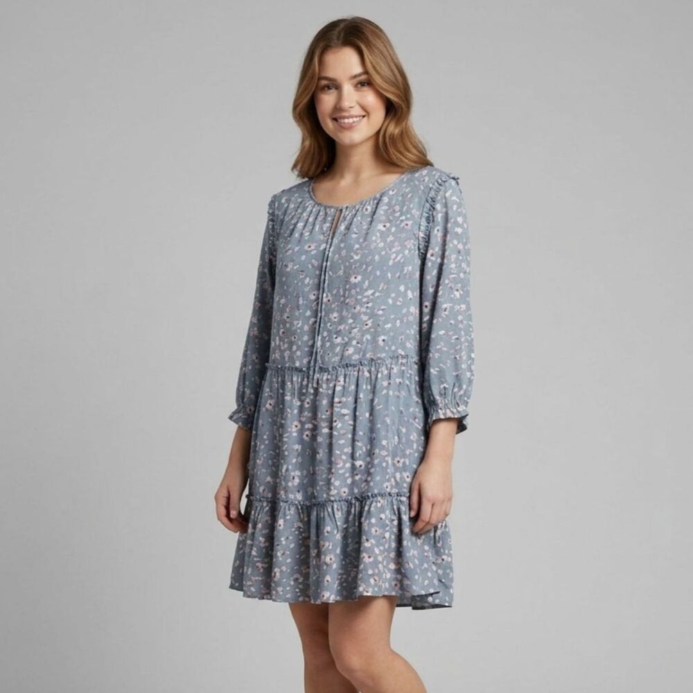 Robert Louis Blue Floral Peasant Mini Dress XL Ruffle Long Sleeve Boho Babydoll
